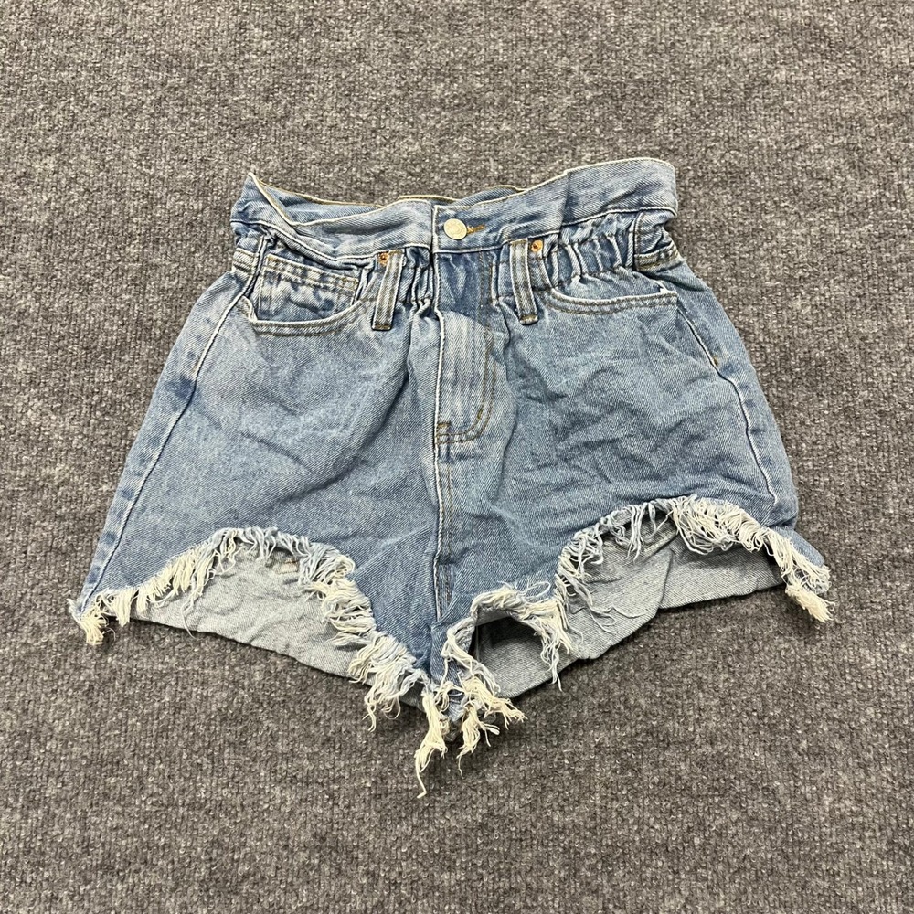 Fashion Nova Shorts Womens Size S Blue Paperbag Waist Frayed Hem High Rise Denim